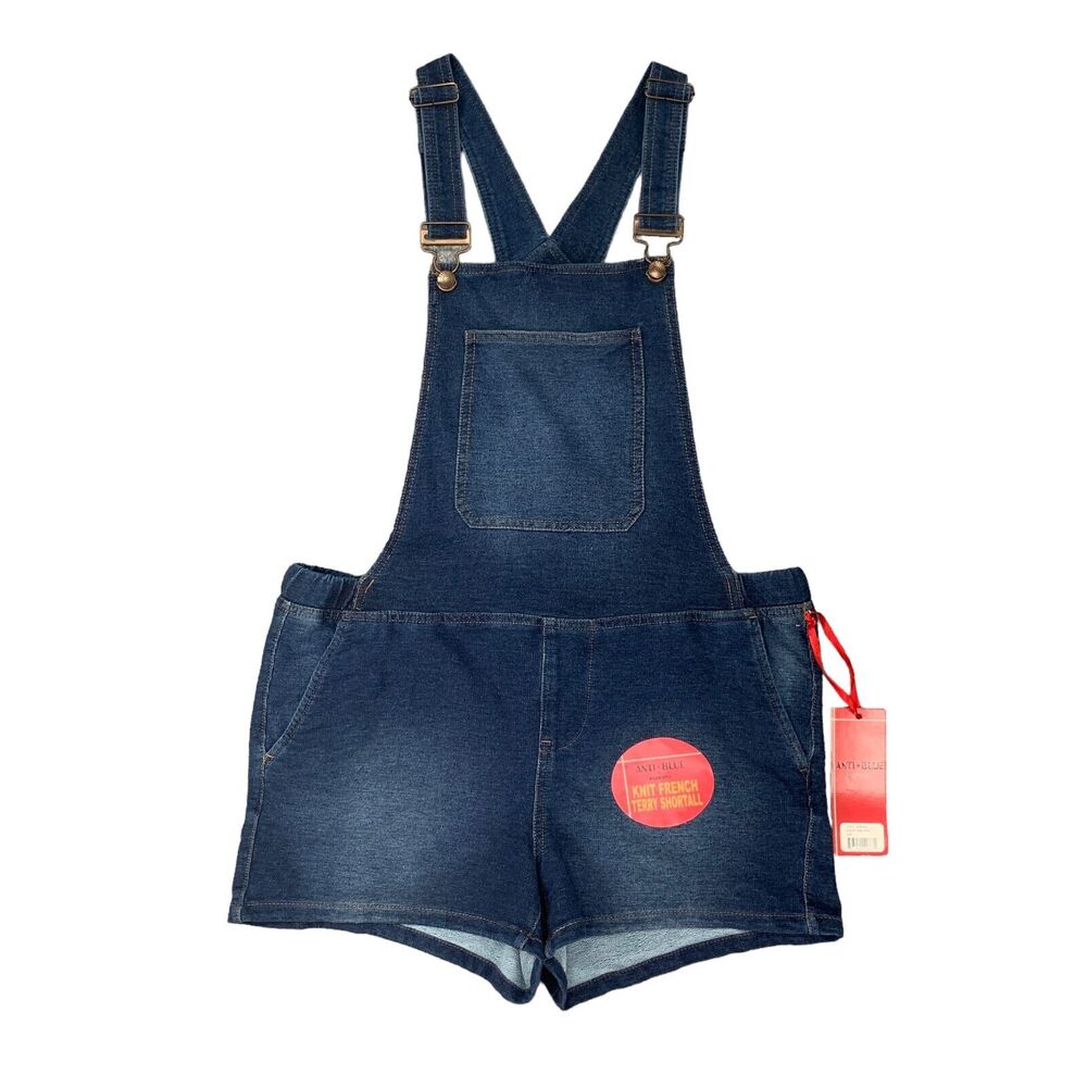Blue Spice Knit French Terry Shortalls Womens L Large Denim Anti Blue Pockets